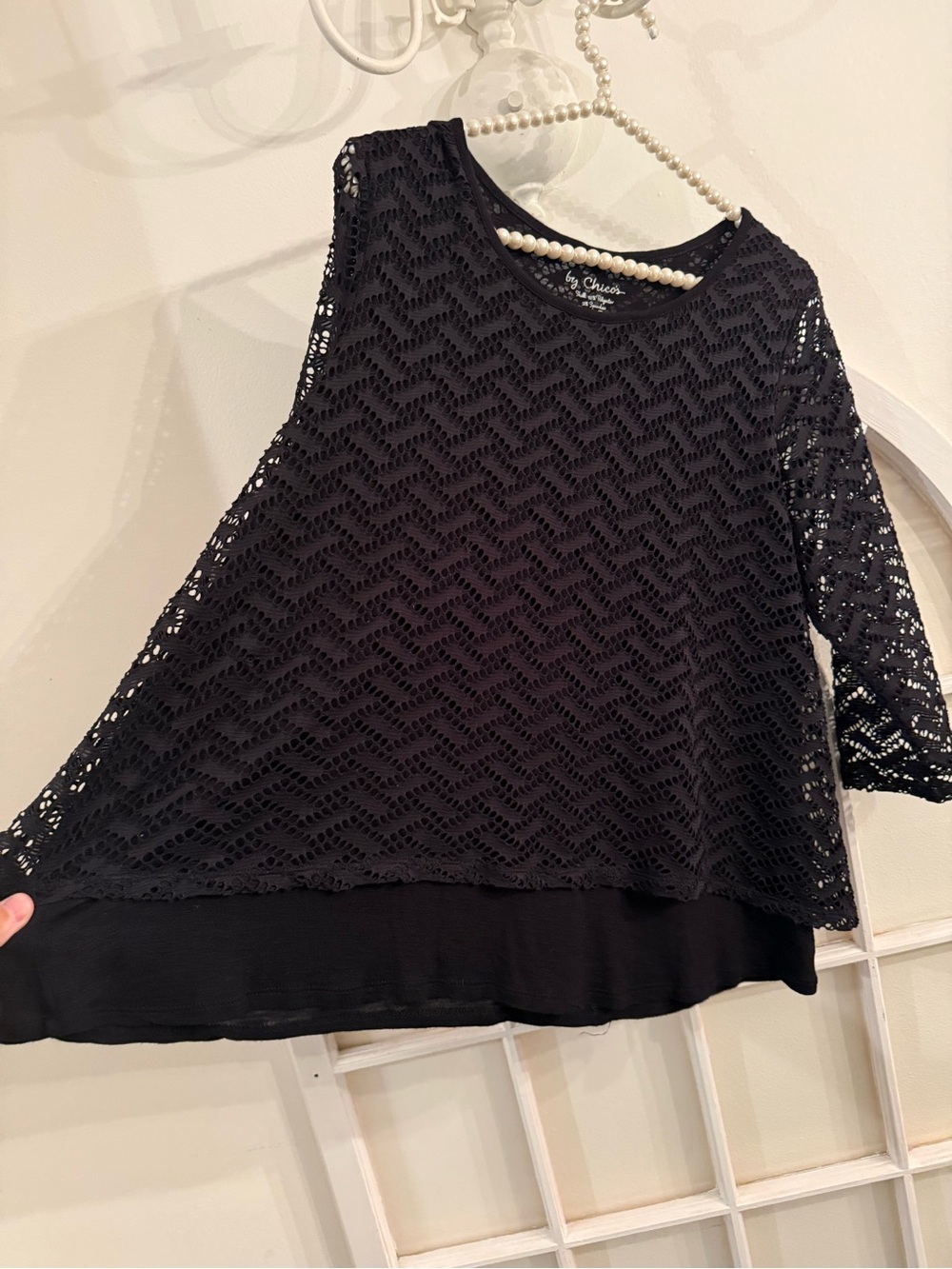 Chico's Black Lace Overlay 3/4 Sleeve Layered Blouse Top Lagenlook Size Large